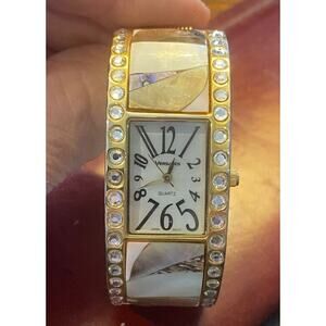 Women's 25mm Gold Tone Versales Bangle Bracelet Watch, Abalone and Crystal Accen